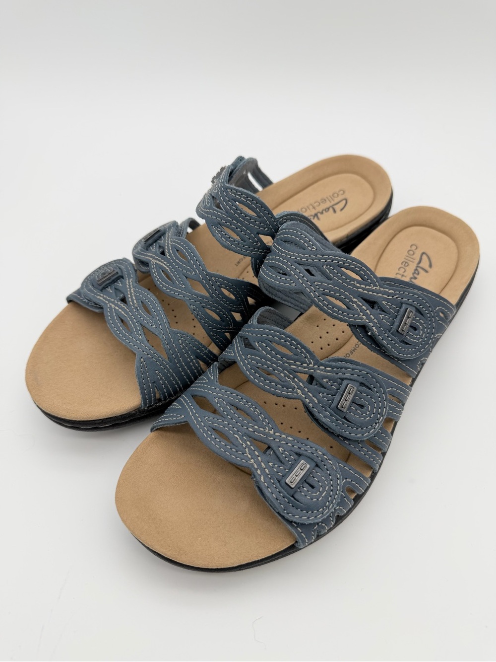 Clarks Collection Laurieann Ruby Woven Slide Sandals – Blue Grey Leather